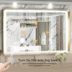 Hasipu LED Bathroom Mirror with Lights 40 x 26 Inch, Gold Metal Frame Light Mirror for Vanity Shaving, Wall Mounted Rounded Rectangle Mirror Anti-Fog, Dimmable, 3 Colors (Horizontal/Vertical)