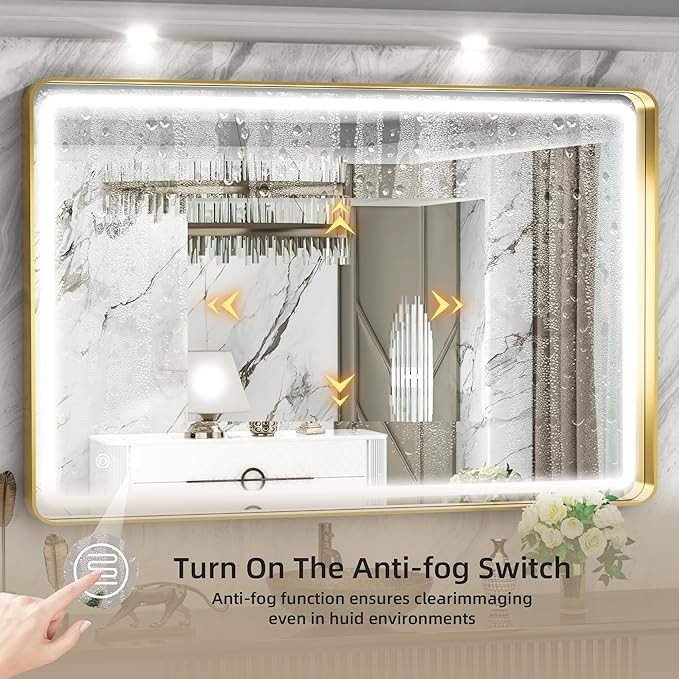 Hasipu 40×30 Inch LED Bathroom Mirror with Lights, Gold Metal Framed Bathroom Lighted Mirror for Vanity Shaving, Rectangle Wall Mounted Mirror, Anti-Fog, Dimmable, 3 Colors (Horizontal/Vertical)