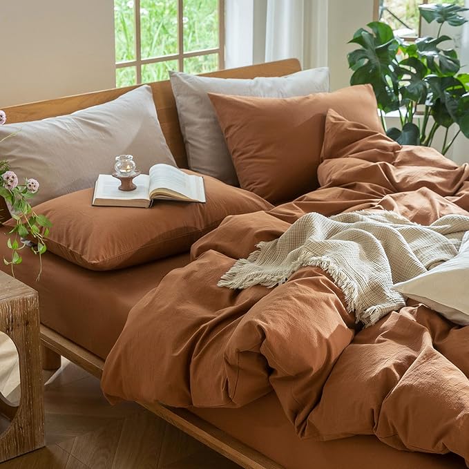 MooMee Bedding Duvet Cover Set 100% Washed Cotton Linen Like Textured Breathable Durable Soft Comfy (Solid Dark Orange, Palatial King/Oversized King 120"x98")