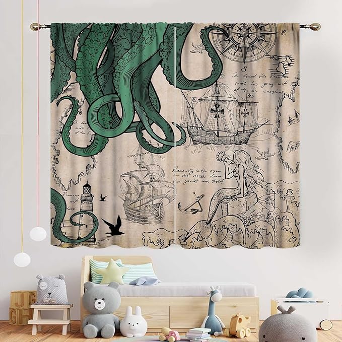 Nautical Octopus Curtains, Coastal Old Pirate Map Sailboat Compass Vintage Magic Ocean Kraken Octopus Tentacles Window Drapery Treatment for Bedroom Living Room Kitchen Bathroom 2 Panels, 42"x45" Inch