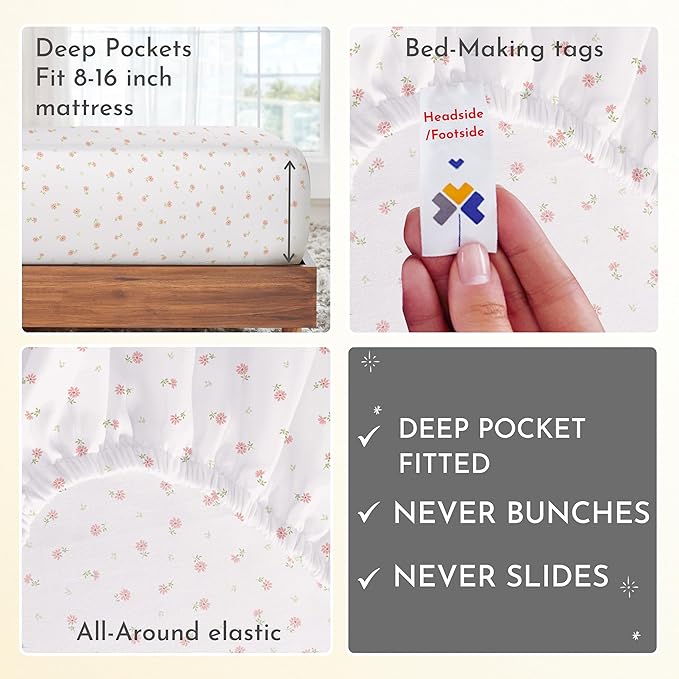 California Design Den Full Size Bed Sheets Set - 400 Thread Count Sateen, Natural 100% Cotton Sheets, Deep Pocket Cooling and Durable Bedding - Soft Floral