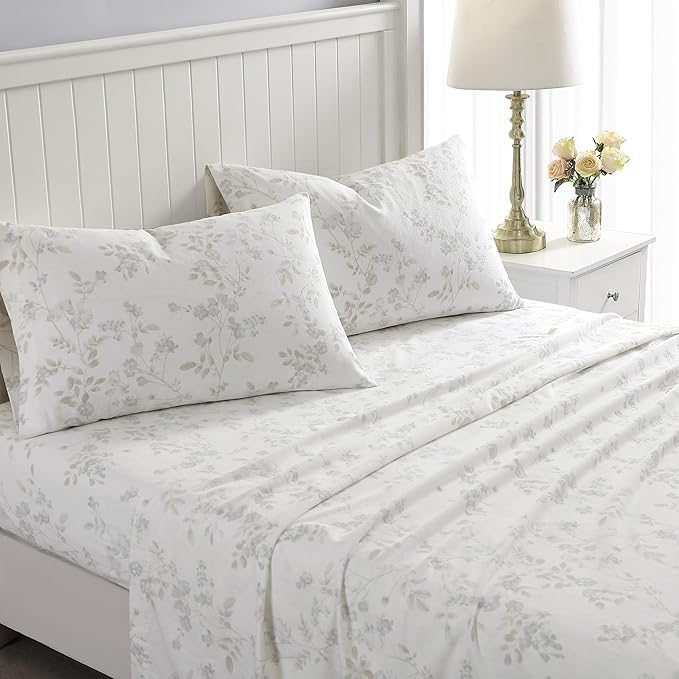 Laura Ashley - Flannel Sheets Queen Size, Anti-Pilling & Wrinkle Resistant Cotton, Touchably Soft for All-Season Comfort - Bed Sheets with Matching Pillowcases & Fitted Sheet (Fawna Grey)