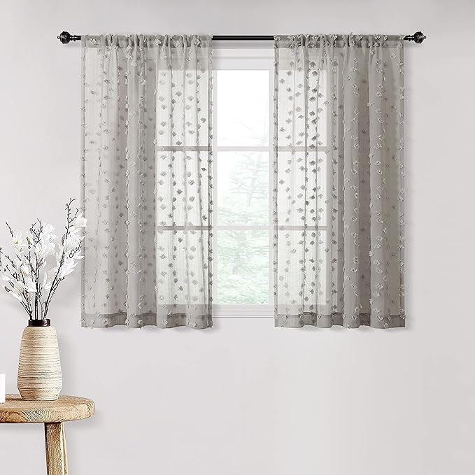 MYSKY HOME Pom Pom Grey Sheer Curtains for Bedroom Girls Room Curtains 63 inch Length for Nursery Kids Light Filtering Boho Window Drapes, Rod Pocket, 52" Wide, 2 Panels