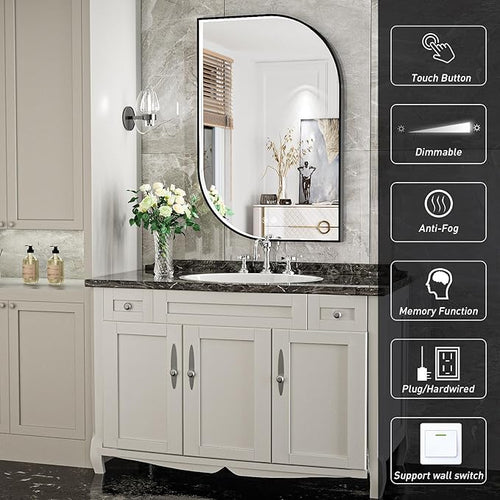 24X32 Inch LED Mirror for Bathroom with Lights,Black Frame Lighted Irregular Wall Mirror,Asymmetrical Vanity Mirror,Anti-Fog,Dimmable