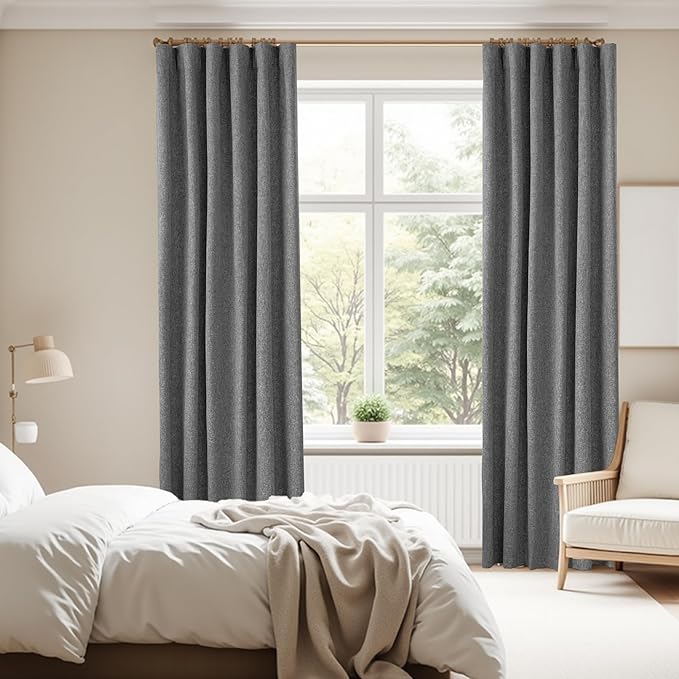 Neutral Grey Blackout Linen Curtains 90 Inches Long 2 Panels Set for Living Room, Rod Pocket/Hook Belt/Back Tab Room Darkening Soft Thick Linen Modern Curtains for Bedroom Dining, 52x90