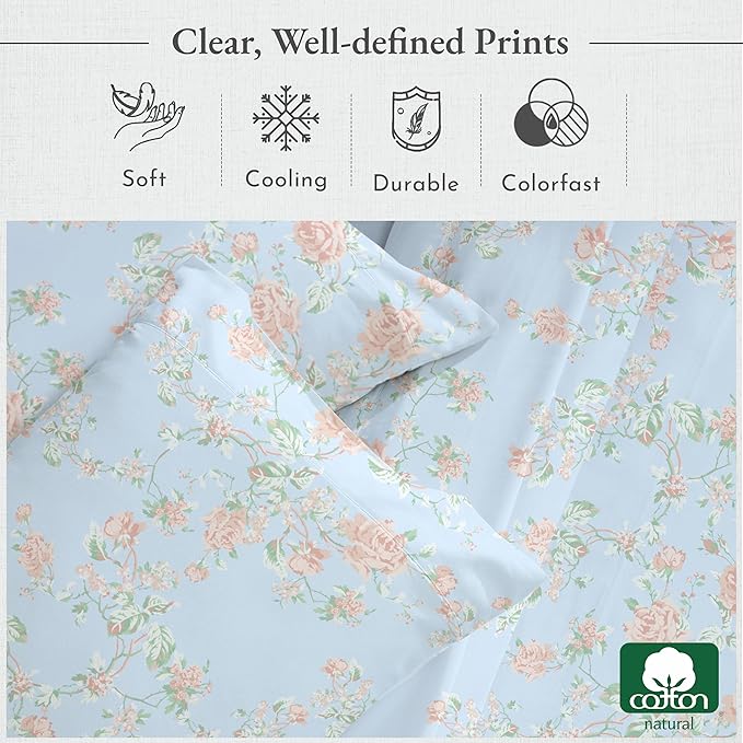 California Design Den Printed Twin XL Sheet Sets - 400 Thread Count Sateen, Natural 100% Cotton Sheets, Deep Pockets, Cooling and Durable Bedding Set - Antique Rose