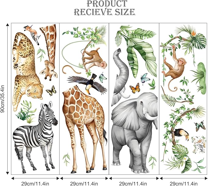 Jungle Safari Animal Wall Decals for Kids Room - Wildlife Wall Stickers Giraffe Elephant Leopard Zebra Monkey Removable Vinyl Nursery Decor for Baby Toddlers Classroom Playroom Wall Decor