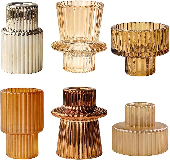 Gold Candlestick Holders 6PCS for Tealight Candle Stick Candles, Ribbed Glass Taper Candle Holders Set Table Centerpieces for Thanksgiving Christmas Farmhouse Decor Indoor and Outdoor