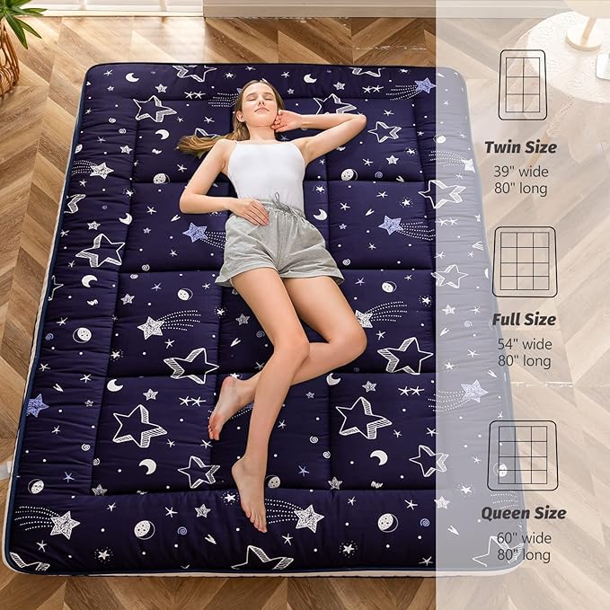 MAXYOYO Futon Mattress, Navy Star Japanese Floor Mattress Portable Quilted Bed Mattress, Extra Thick Folding Sleeping Pad Breathable Floor Lounger Guest Bed for Camping Couch, Full