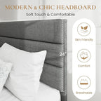 SHA CERLIN King Platform Bed Frame with Upholstered Fabric Headboard, Mattress Foundation with Strong Wooden Slats Support, No Box Spring Needed, Grey