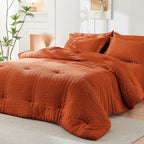 HYMOKEGE Burnt Orange King Size Comforter Set Seersucker 7 Pieces, All Season Luxury Bed in a Bag for Bedroom, Bedding Set with Comforters, Sheets, Pillowcases & Shams