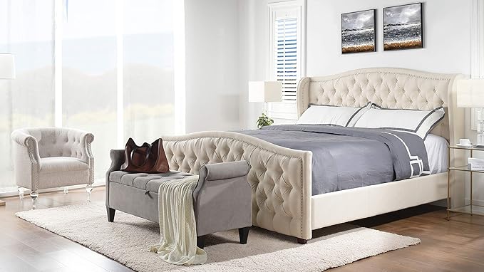 Jennifer Taylor Home Marcella Upholstered Shelter Headboard Bed Set, King, Sky Neutral Beige Polyester