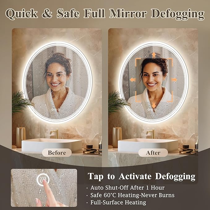 30''x30'' Lighted Mirrors for Bathroom Wall Backlit + Front Lit, Round LED Bathroom Mirror Frameless with Lights Anti Fog, Dimmable, 3 Colors,Tempered Glass, Shatter-Proof