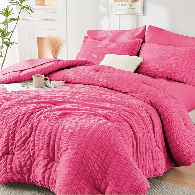 HYMOKEGE Hot Pink Full Size Comforter Sets Seersucker 7 Pieces, All Season Luxury Bed in a Bag for Bedroom, Bedding Set with Comforter, Sheets, Pillowcases & Shams