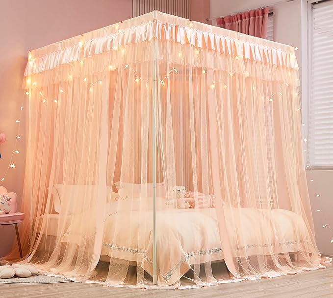Mengersi Canopy Bed Curtains Twin Sizes,Bed Canopy for Girls Royal Luxurious Cozy Bed Drapes Girls Room Decor(Peach,Twin)