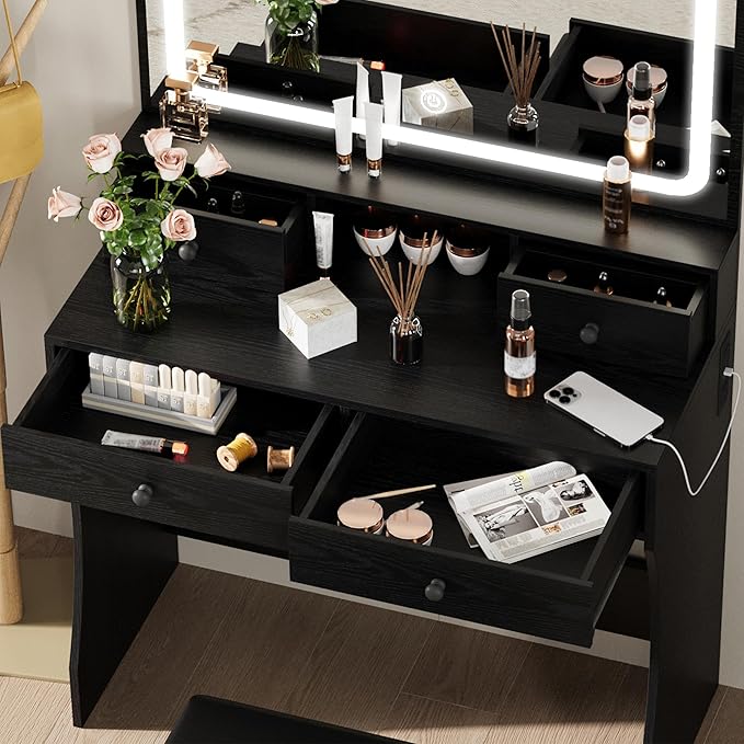IRONCK Vanity Desk Set with LED Lighted Mirror & Power Outlet, Makeup Vanity Table with 4 Drawers,Storage Bench,for Bedroom, Bathroom, Black