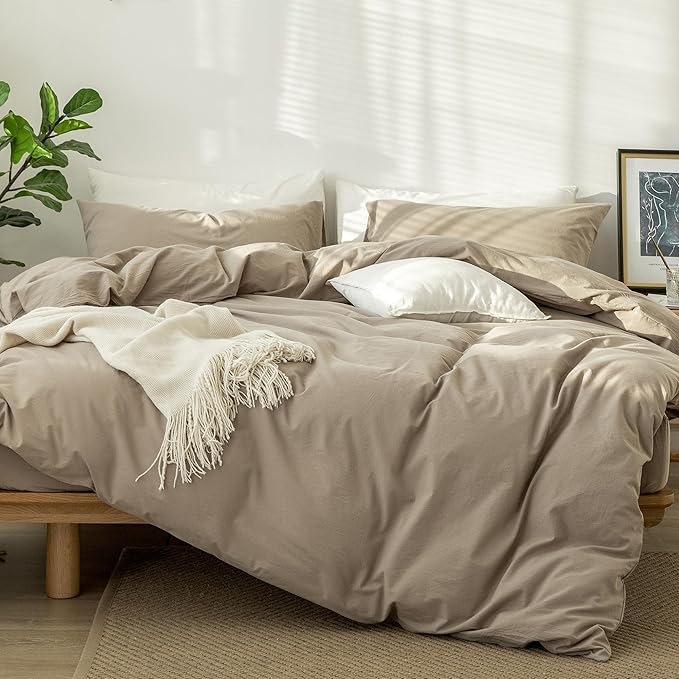 MooMee Bedding Duvet Cover Set 100% Washed Cotton Linen Like Textured Breathable Durable Soft Comfy (Solid Light Camel, Super Queen 90"x98")