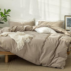 MooMee Bedding Duvet Cover Set 100% Washed Cotton Linen Like Textured Breathable Durable Soft Comfy (Solid Light Camel, Super Queen 90"x98")