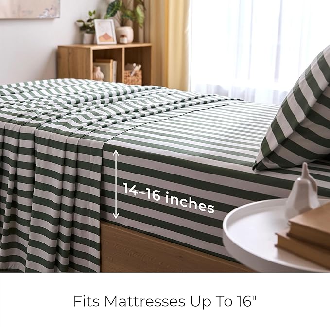 Mellanni Twin Sheets Set - 3 PC Iconic Collection Bedding - Hotel Luxury, Extra Soft, Cooling Bed Sheets - Wrinkle, Fade, Stain Resistant (Twin, Oxford Stripe Sage)