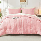 HYMOKEGE Pink/Ivory Queen Comforter Set Seersucker 7 Pieces, All Season Luxury Bed in a Bag Queen for Bedroom, Bedding Set with Comforter, Sheets, Pillowcases & Shams