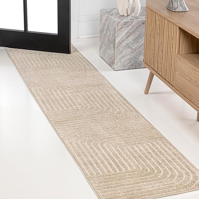 Eyely NCS101E-28 Odense High-Low Minimalist Angle Geometric Beige/Cream 2 ft. x 8 ft. Indoor/Outdoor Runner Rug, for Home, Backyard, Patio, Porch, Bedroom, Kitchen, Living Room