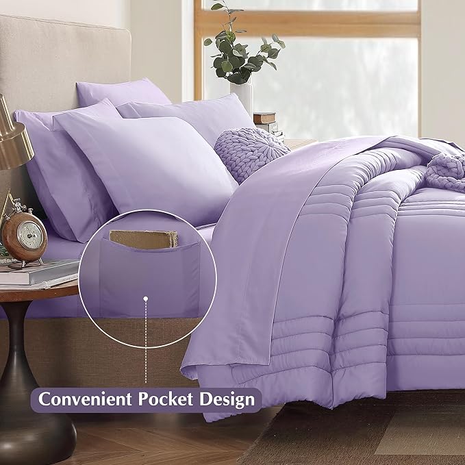Monbix Queen Comforter Set - 7 Pieces Light Purple Bed in a Bag Queen Bedding Sets with Comforters, All Seasons Down Alternative Comforter Bed Set with Sheets, Pillowcases & Shams