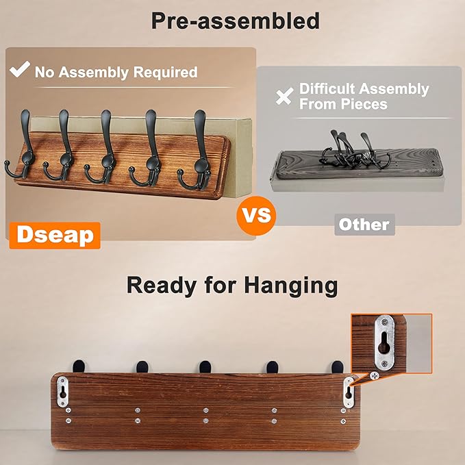 Dseap Coat Rack Wall Mount - Heavy-Duty Robust Rustic Wooden Wall Coat Hanger Hook Rail with 5 Triple Hooks for Winter Coats Hat Jacket Clothing, Light Brown & Black, Pack of 2