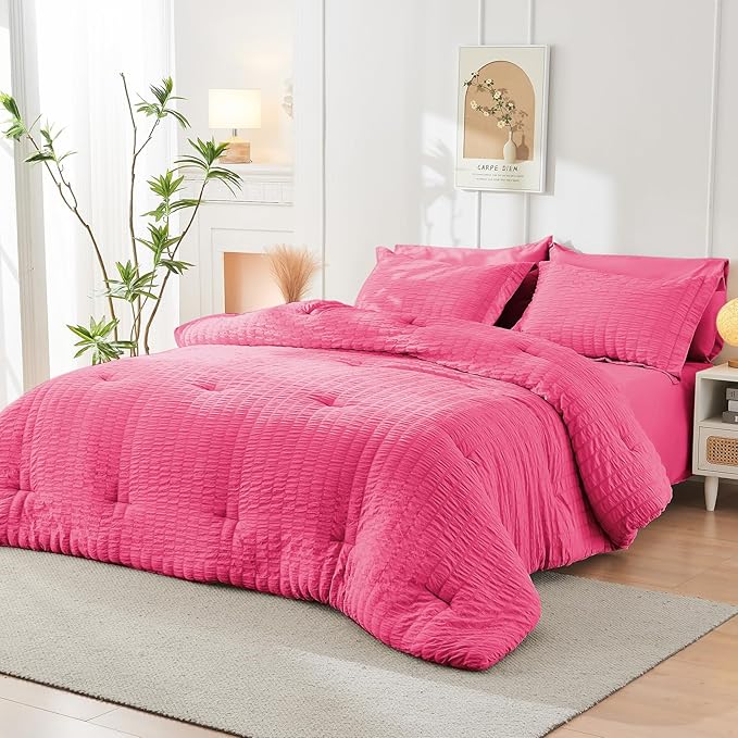 HYMOKEGE Hot Pink Twin XL Comforter Set Seersucker 5 Pieces, All Season Luxury Bed in a Bag for Bedroom, Bedding Set with Comforter, Sheets, Pillowcase & Sham