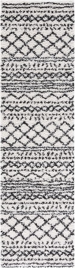 SAFAVIEH Arizona Shag Collection Runner - 2'6" x 14', Ivory & Black, Moroccan Design, Non-Shedding & Easy Care, 1.6-inch Thick, Ideal for The Living Room, Dining, Bedroom (ASG741Z)