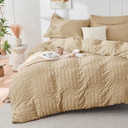 HYMOKEGE Khaki Twin Comforter Set Seersucker 5 Pieces, All Season Luxury Bed in a Bag for Bedroom, Bedding Set with Comforter, Sheets, Pillowcase & Sham