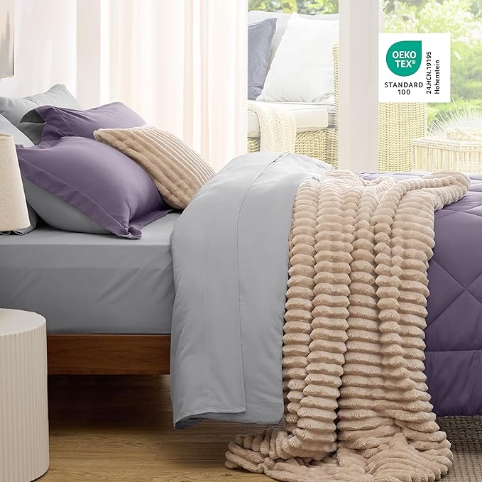 Bedsure Twin Comforter Set - 5 Pieces Reversible Grayish Purple Bedding, Twin Size Bed Set for All Seasons, Bed in a Bag with Down Alternative Comforter, Sheets, Pillowcase & Sham