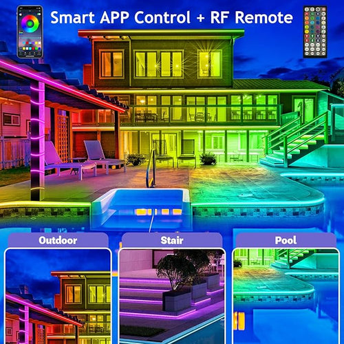 300ft Outdoor LED Strip Lights Waterproof,IP68 Outside Led Light Strips Waterproof with Bluetooth App Remote Control,Music Sync RGB Exterior Led Rope Lights,for Balcony,Deck,Roof,Garden,Pool (300FT)