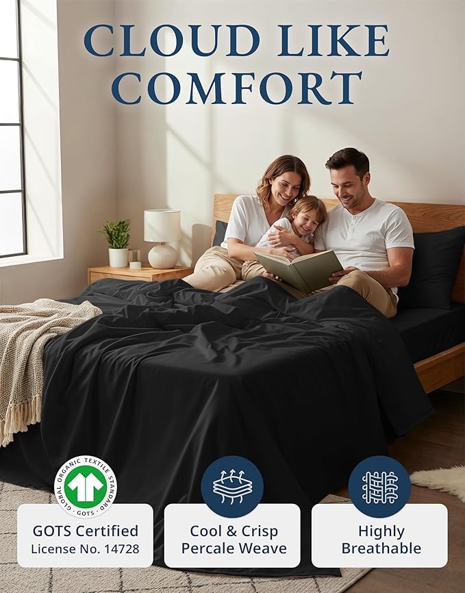 LANE LINEN 100% Organic Cotton Full Sheets Set, 4-Piece Pure Organic Cotton Percale Sheets, Long Staple Cotton Sheet, Ultra Soft Bedding Sheet, Breathable,Fits Mattress Upto 15" Deep - Black