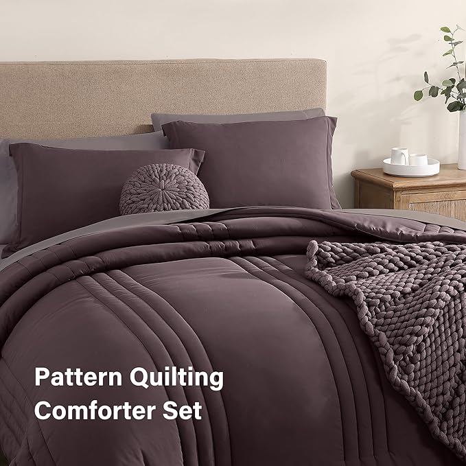 Monbix King Size Comforter Set - 7 Pieces Bed in a Bag King, ltalian Plum Bedding Sets with Comforter, All Seasons Down Alternative Comforter Bed Set with Sheets, Pillowcases & Shams