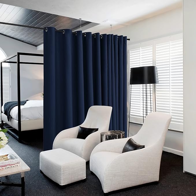 NICETOWN Room Dividers Curtains Screens Partitions, Premium Heavyweight Laundry Divider for Office, Vintage and Sliding, Including 16 Silver Ring Top (1 Panel, 20ft Wide x 7ft Long, Navy)