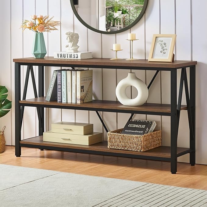 HOMISSUE Entryway Console Table, Rustic Couch with Wide Storage, Industrial Sofa Tables with 3-Tier Open Shelves, Entryway Table for Living Room, Hallway, Brown, 55 Inch