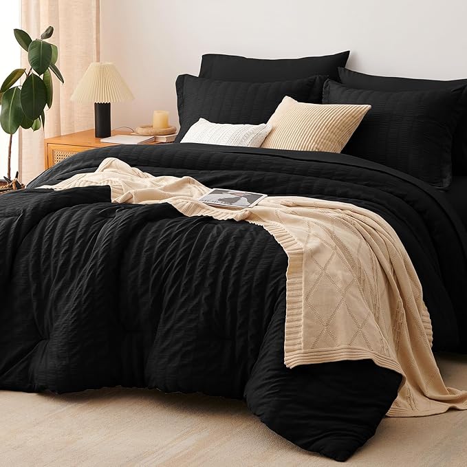 CozyLux King Size Comforter Set Black Seersucker 7 Pieces Bed in a Bag King Comforter Set with Sheets, Luxury Soft Bedding Set with Down Alternative Comforter, Sheets, Pillowcases & Shams All Seasons