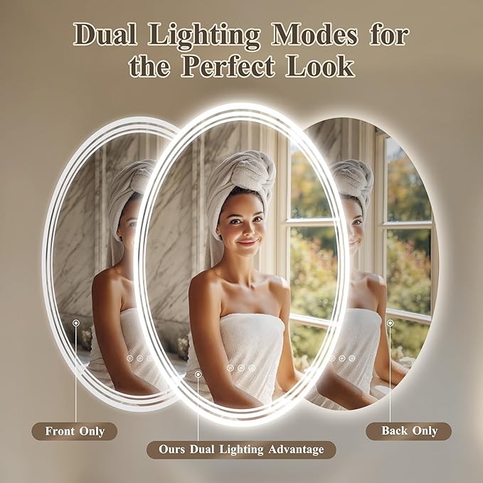 20''x28'' Oval Lighted Mirrors for Bathroom Wall Backlit + Front Lit, Oval LED Bathroom Mirror Frameless with Lights Anti Fog, Dimmable, 3 Colors,Tempered Glass, Shatter-Proof
