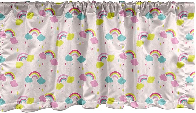 Ambesonne Cartoon Window Valance, Pastel Rainbows Clouds Raindrops Sky Theme, Curtain Valance for Kitchen Bedroom Decor with Rod Pocket, 42" x 18", Rose and Multicolor