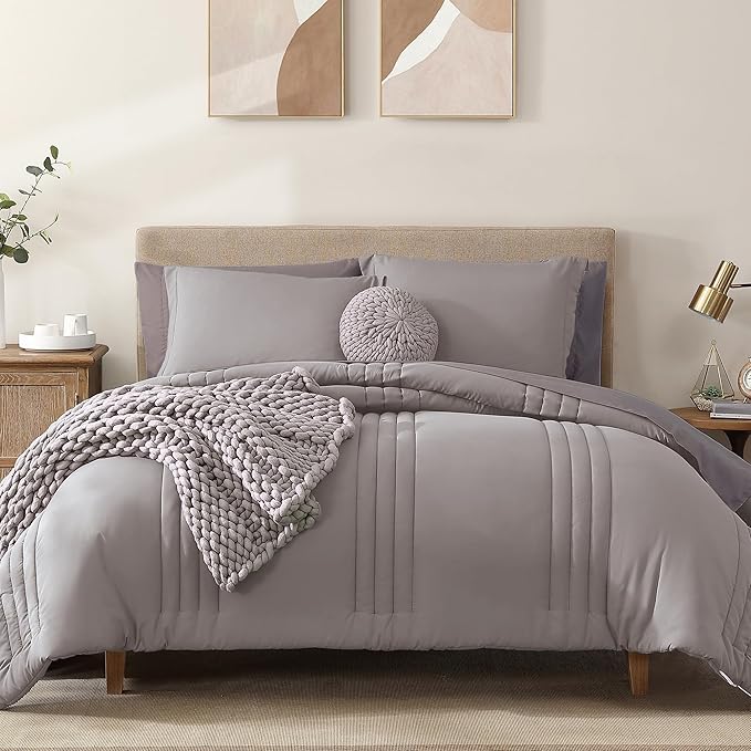 Monbix King Size Comforter Set - 7 Pieces Bed in a Bag King, Cloud Purple Bedding Sets with Comforter, All Seasons Down Alternative Comforter Bed Set with Sheets, Pillowcases & Shams