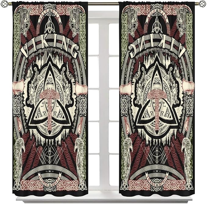 Viking Curtains Nordic Mythology Rune Weapon Antique Viking Pirate Crow Art Pattern Printed Curtains Bedroom Living Room Decoration Blackout Curtains W63 * L72 Inch