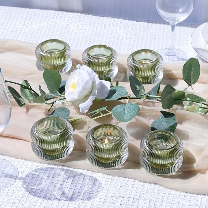 Woho Ribbed Glass Votive Candle Holders Set of 6, Vintage Tealight Candle Holder for Wedding Decor, Elegant Tea Lights Candle Holder for Dinner Table/Christmas Decorations(Green, 2.1" H X 2.75" D)