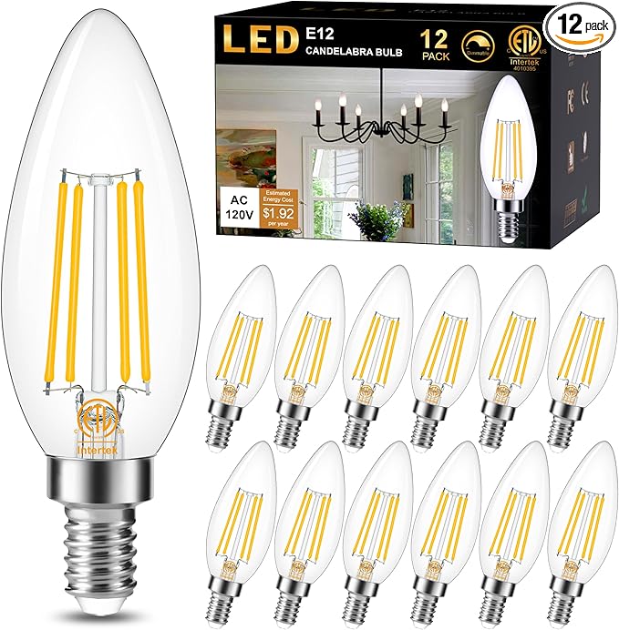 Cotanic E12 LED Bulb Dimmable 3000K Soft White, LED Candelabra Bulbs 60Watt Equivalent, Small Base Type B Light Bulbs, Candle Shape Chandelier Light Bulbs Clear Glass, 600LM, 12 Pack