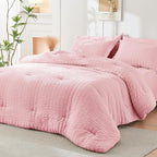 HYMOKEGE Pink Twin Comforter Set Seersucker 5 Pieces, All Season Luxury Bed in a Bag for Bedroom, Bedding Set with Comforters, Sheets, Pillowcase & Sham