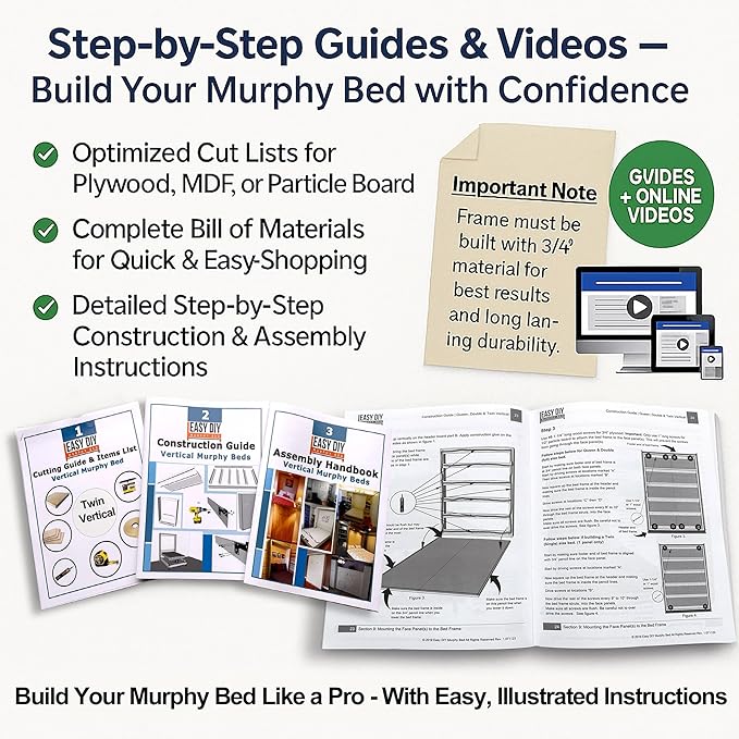 Queen Size DIY Murphy Bed Hardware Kit – Horizontal Wall bed for Space-Saving -Budget-Friendly DIY Setup -Made in USA-Hide Away Design with Horizontal Murphy Bed Queen - Bed Lift Mechanism - Pull Down