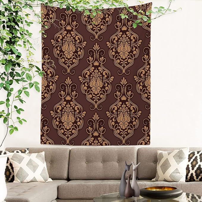 Batmerry Brown Damask Floral Tapestry, Vintage Golden Brown Damask Pattern Wall Art Hanging Decoration Polyester Fiber White Ruffled Around for Dorm Room Bedroom Living Room, 82.7x59.1 inches