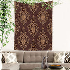 Batmerry Brown Damask Floral Tapestry,Vintage Golden Brown Damask Pattern Wall Art Hanging Decoration Polyester Fiber White Ruffled Around for Dorm Room Bedroom Living Room, 59.1x51.2 inches