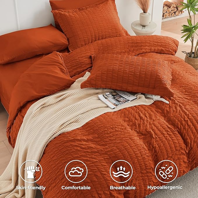 HYMOKEGE Burnt Orange California King Comforter Set Seersucker 7 Pieces, All Season Luxury Bed in a Bag for Bedroom, Bedding Set with Comforters, Sheets, Pillowcases & Shams