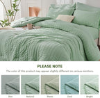 HYMOKEGE Sage Green Queen Comforter Set Seersucker 7 Pieces, All Season Luxury Bed in a Bag for Bedroom, Bedding Set with Comforters, Sheets, Pillowcases & Shams
