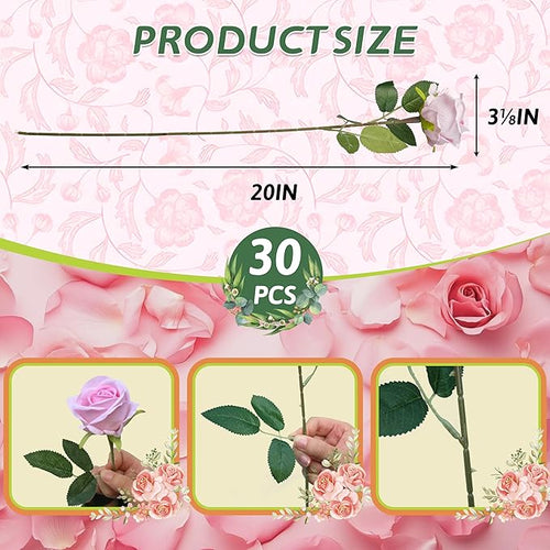 30 PCS Fake Pink Roses, Artificial Flowers Bulk Realistic Silk Faux Rose with Stems for Wedding Decoration Bridal Bouquet Birthday Celebrations DIY Floral Arrangement Home Decor